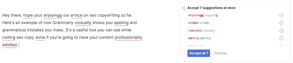 editing software called Grammarly showing spelling and grammatical mistakes