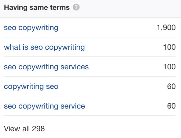 list of secondary keywords for the focus keyword 