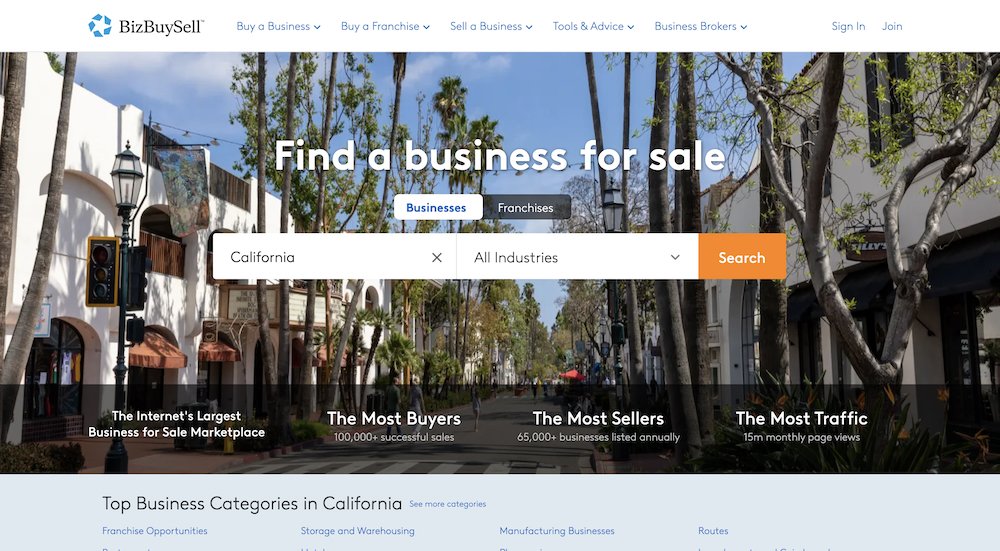 a screenshot of the BizBuySell homepage