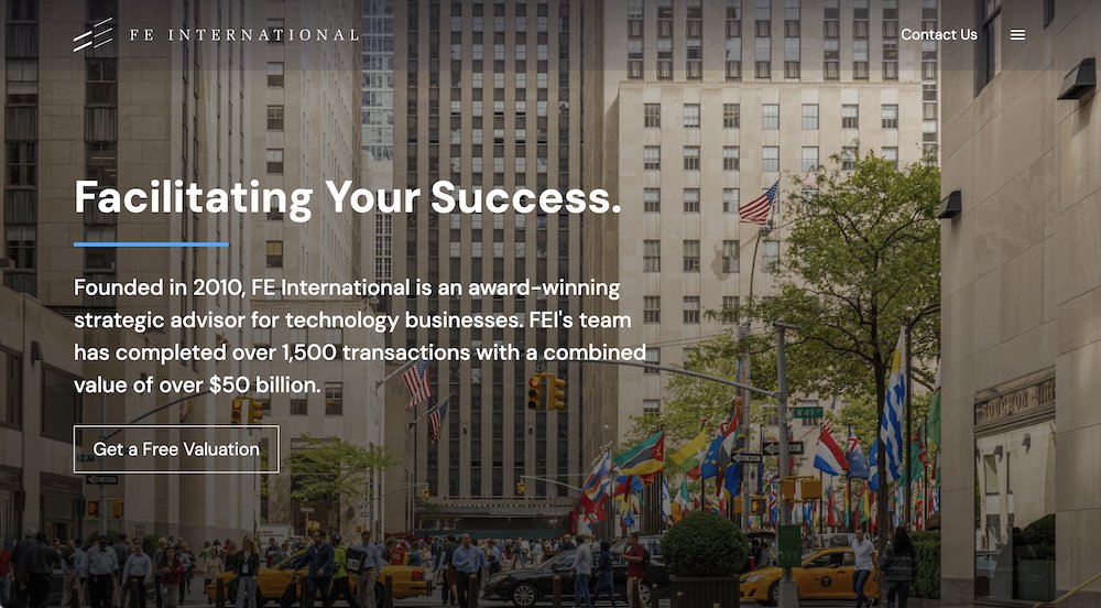 a screenshot of the FE International homepage