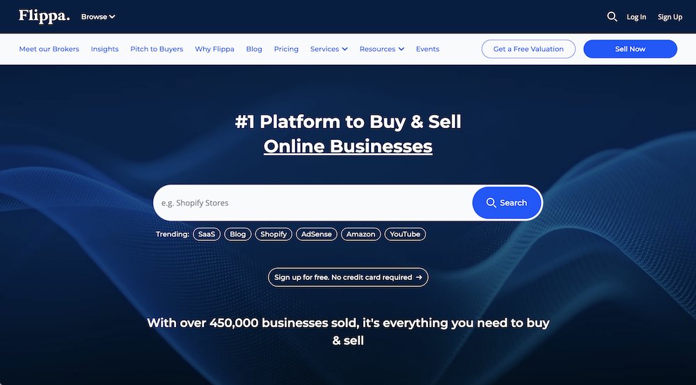 a screenshot of the Flippa homepage