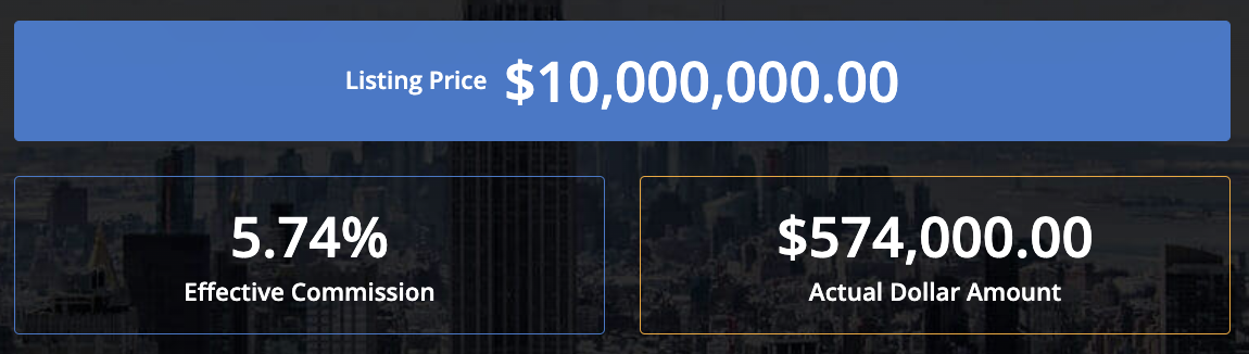 Commission calculation showing 5.74% rate totaling $574,000 on $10M sale