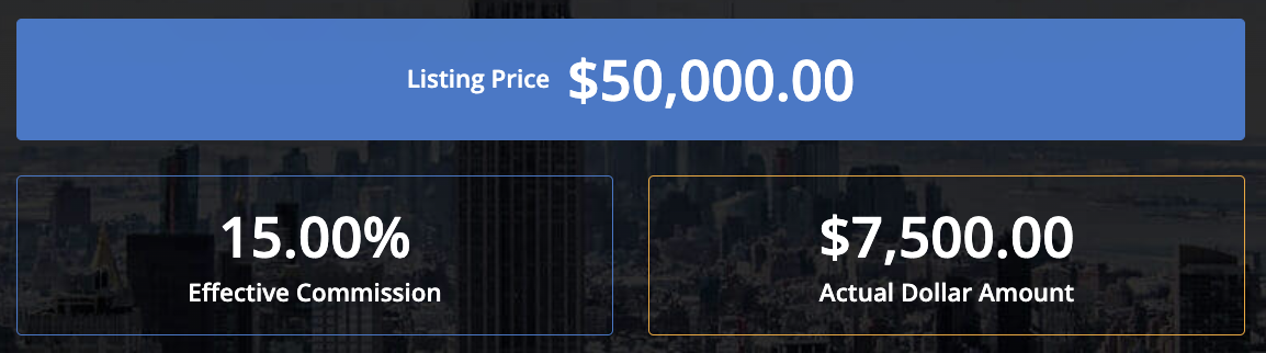 Commission calculation showing 15% rate totaling $7,500 on $50K sale