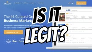 "Is Empire Flippers Legit?" Text overlay on a screenshot of Empire Flipper's website (empireflippers.com)