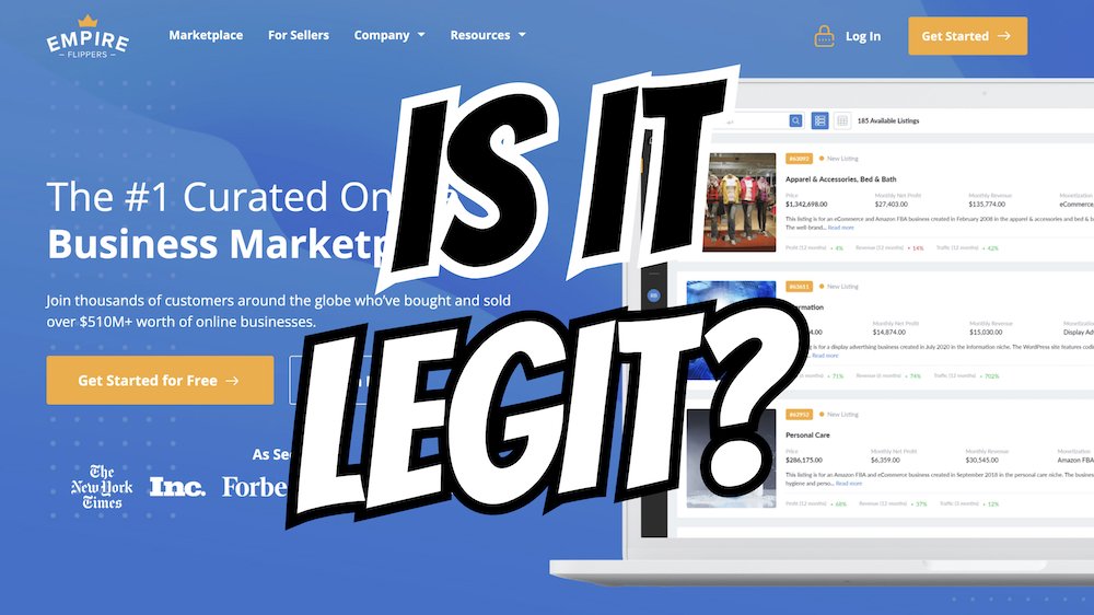 "Is Empire Flippers Legit?" Text overlay on a screenshot of Empire Flipper's website (empireflippers.com)
