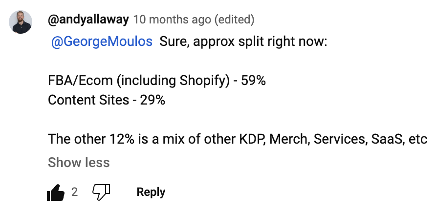 YouTube comment from CEO Andy Allaway detailing 59% FBA/ecommerce, 29% content sites, 12% other business distribution