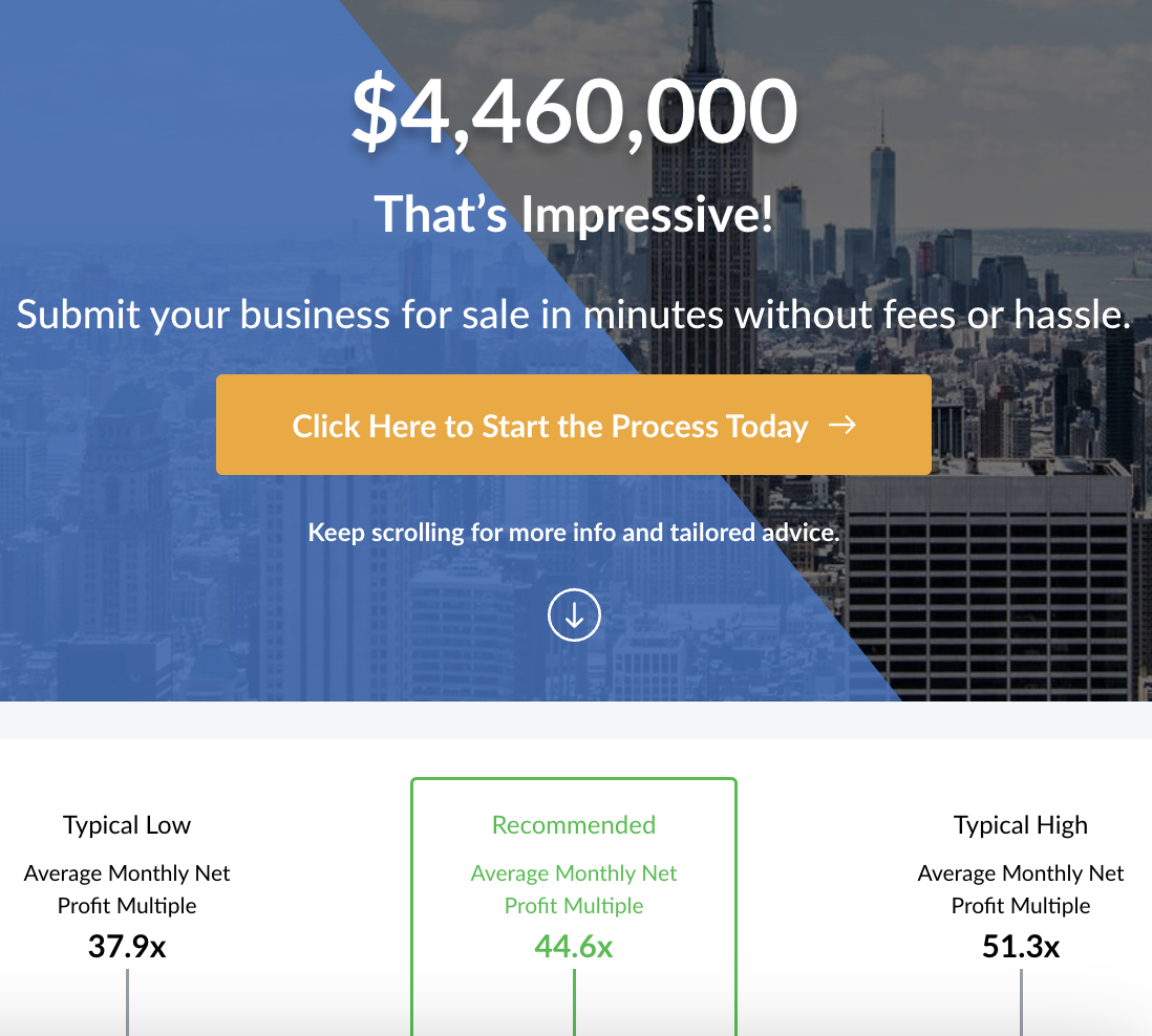 Valuation calculator result showing a $4.46M business valuation at a 44.6x monthly profit multiple