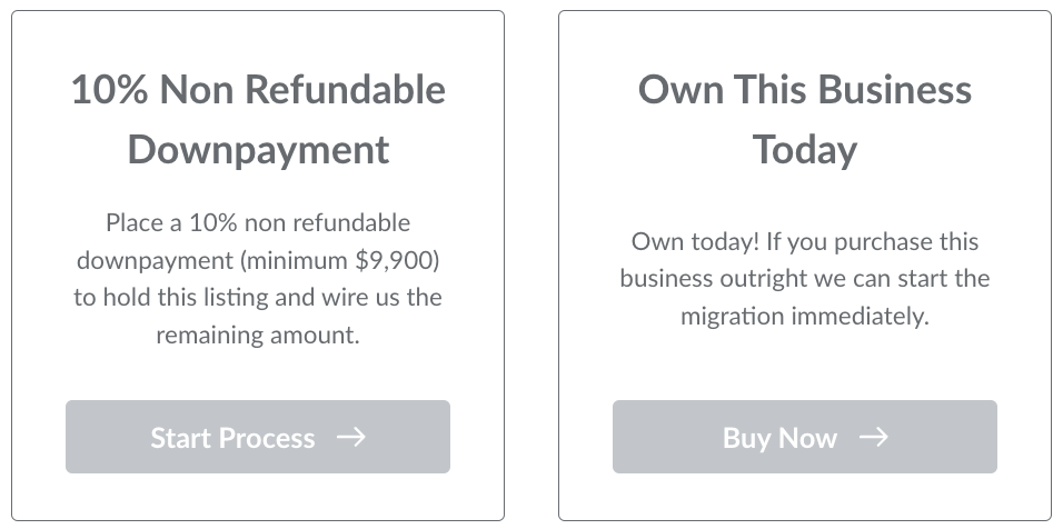 Two payment options: 10% non-refundable downpayment or full business purchase