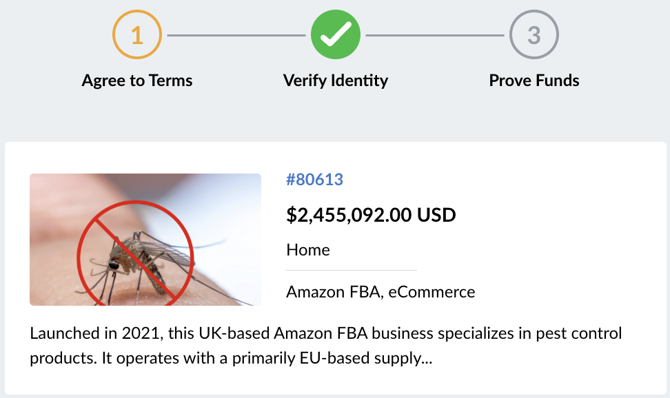 Three-step verification process showing agree to terms, verify identity, and prove funds for a $2.4M business