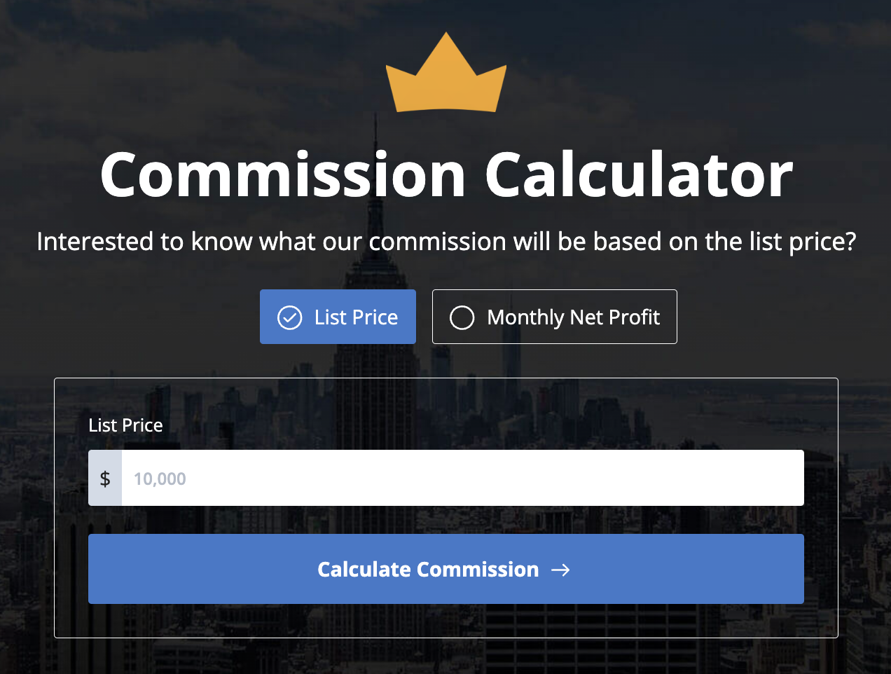 Commission calculator header with crown icon asking for list price input