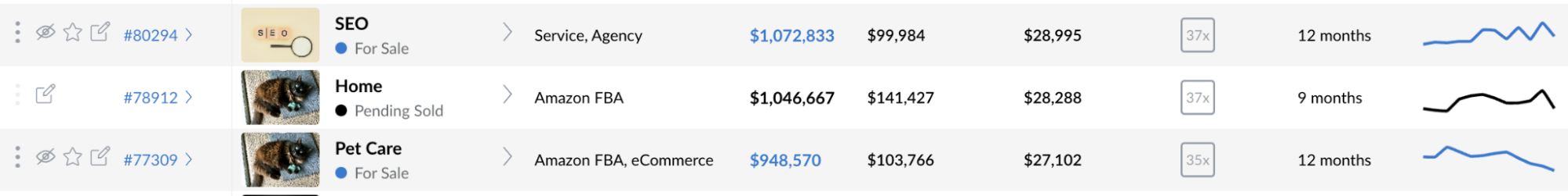 Three business listings between $900k-$1.1m, showing SEO, home products, and pet care businesses with monthly profits