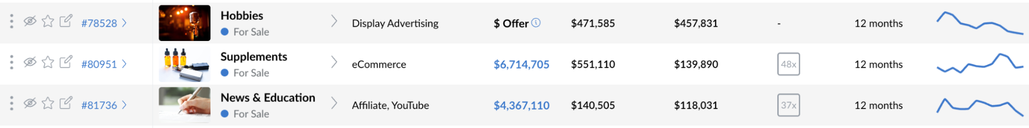 Three premium business listings showing display advertising, supplements and news websites with high monthly revenues