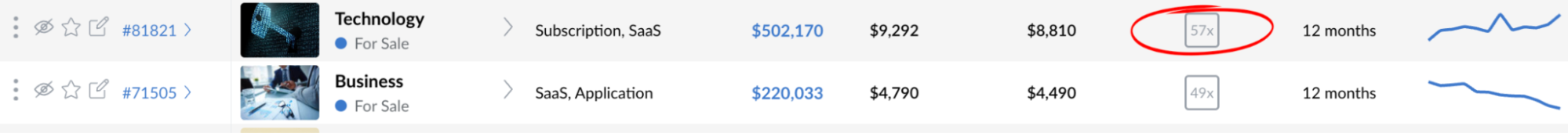Two SaaS business listings showing a subscription and application with high multiples