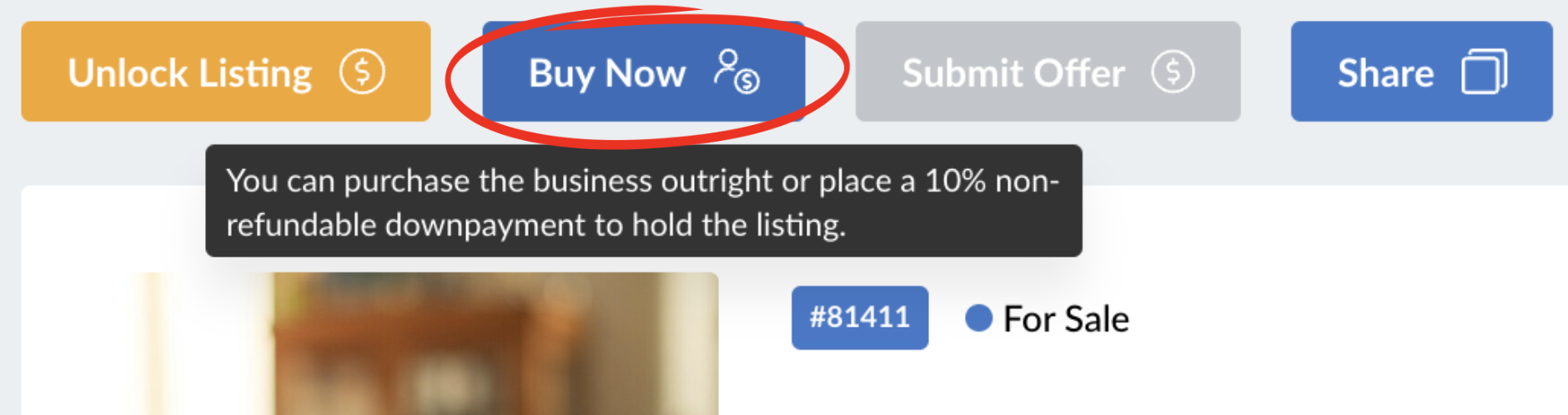 Purchase interface showing unlock listing, buy now, and submit offer buttons