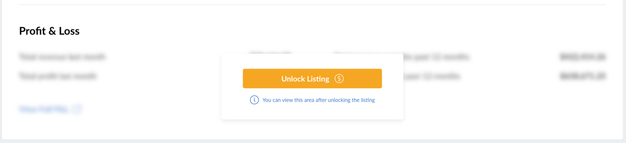 Dashboard showing unlocked profit & loss statements for a business listing