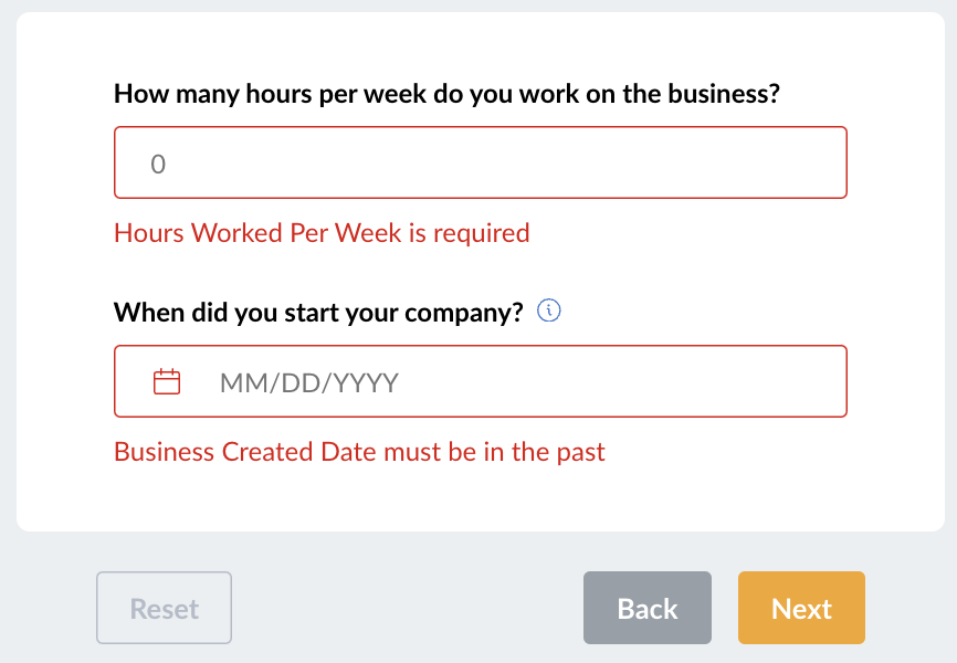 Form asking for weekly hours worked and business start date